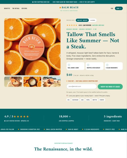 Orange Dream tallow skincare landing page hero