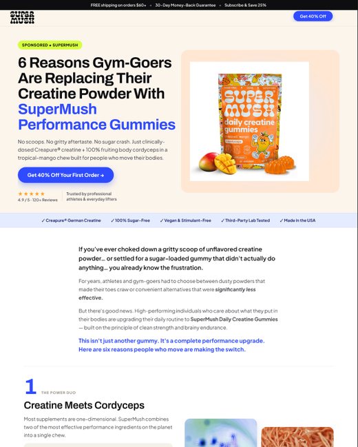 SuperMush creatine gummies advertorial hero